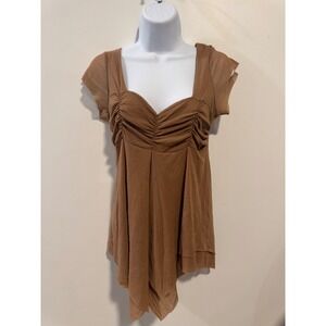 Sweet Pea by Stacy Frati Sheer Ruched Brown Babydoll Top L‎ Mesh FairyGrunge Y2K